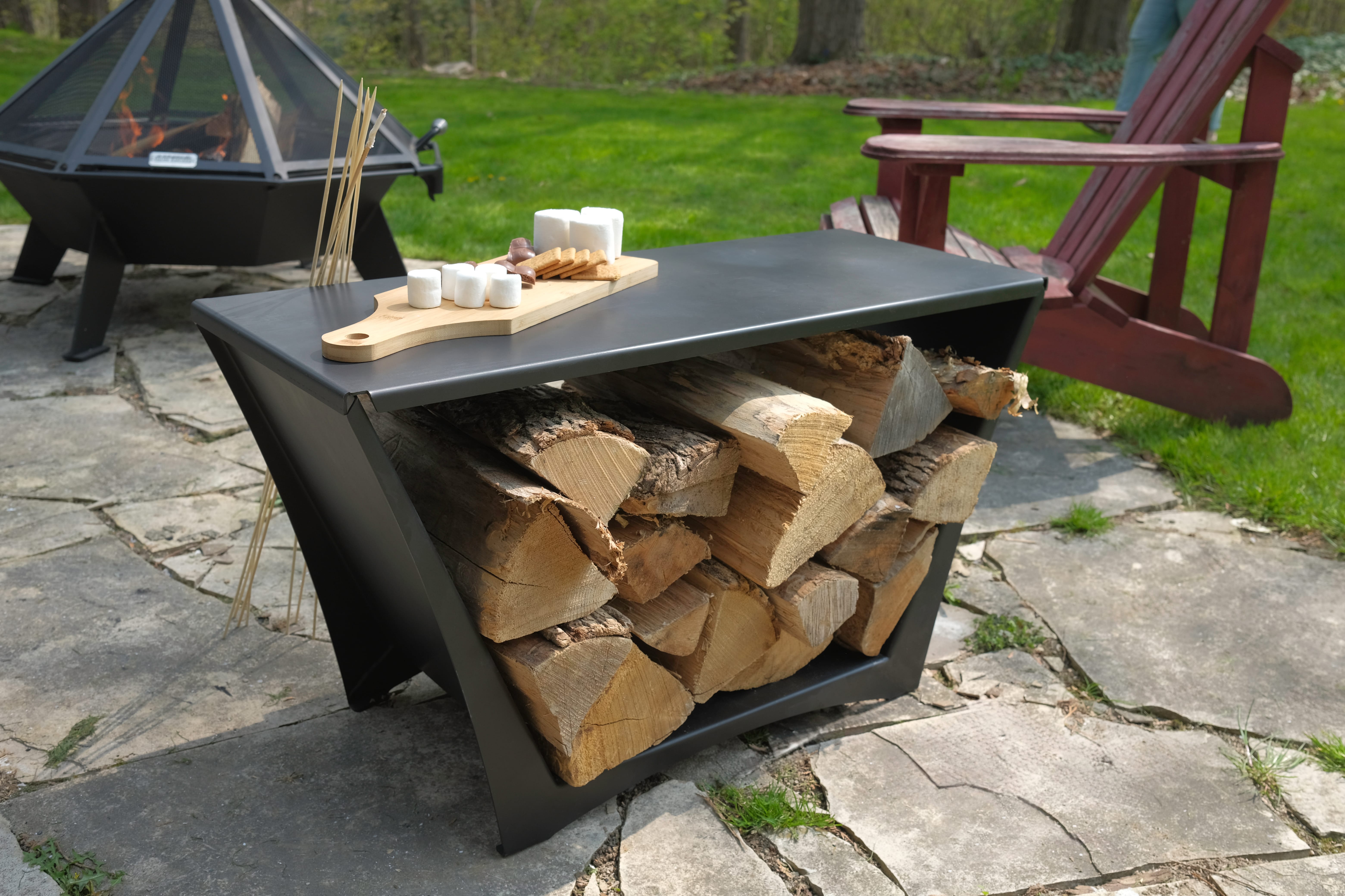 Tamarack log holder lid and weather cover in an outdoor setting