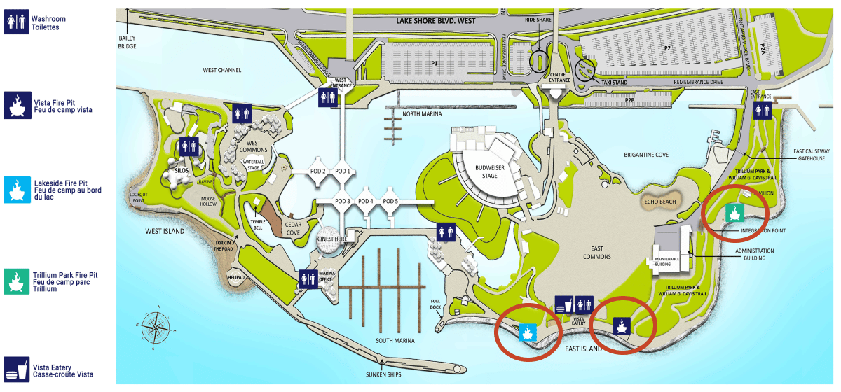 Carte montrant l'emplacement des foyers d'Ontario Place.